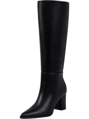 Women's Black Pu Pointed Toe Chunky Heel Comfortable Wide Calf Knee High Boots